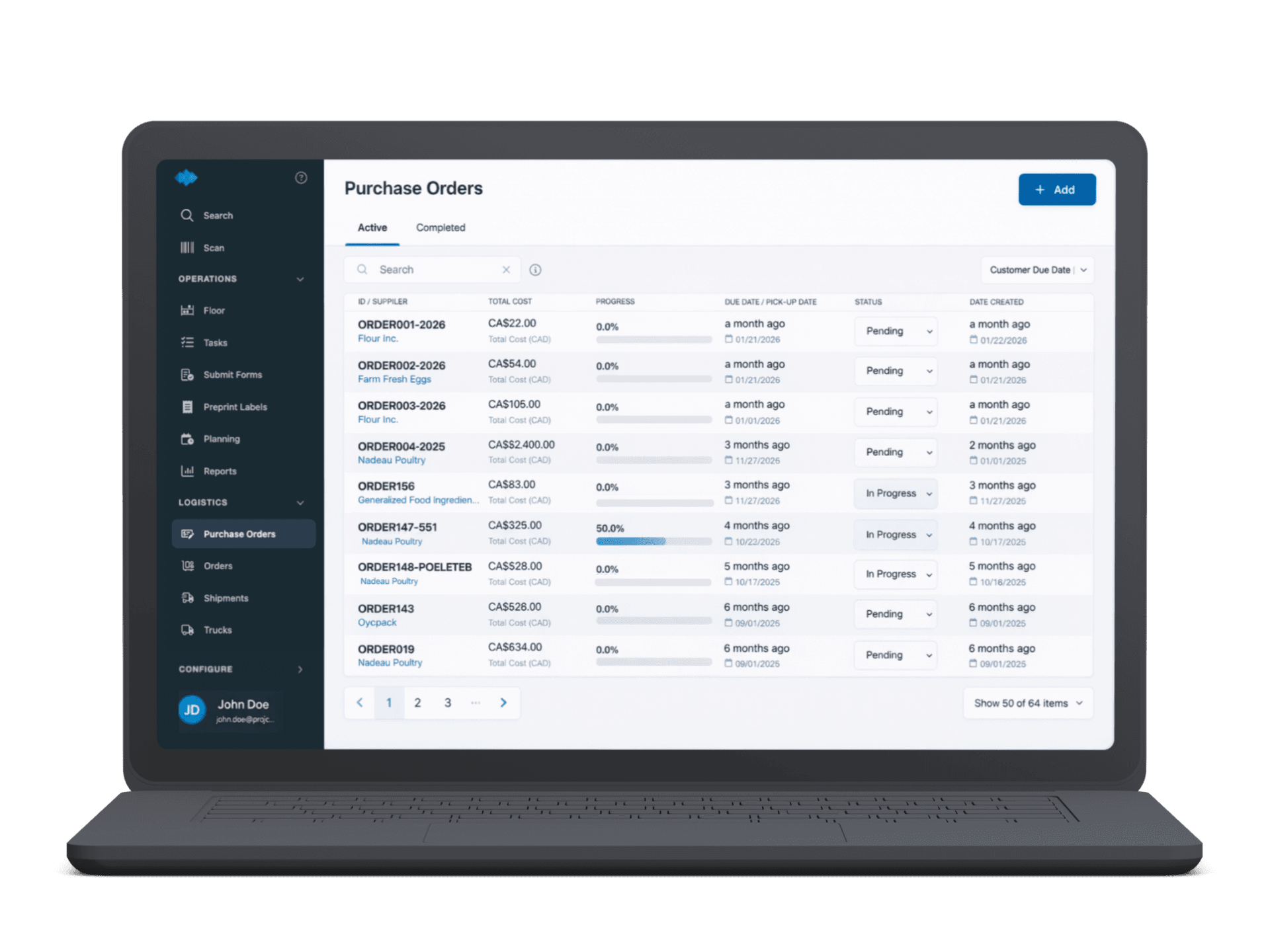 Tracktile purchase orders dashboard on a laptop